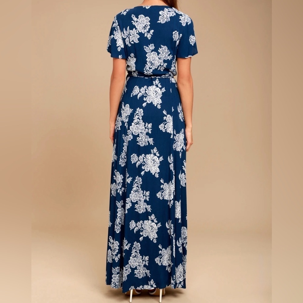 Lulus Heart of Marigold Navy Blue Floral Print Wrap Maxi Dress size XS Gauzy - Picture 4 of 14